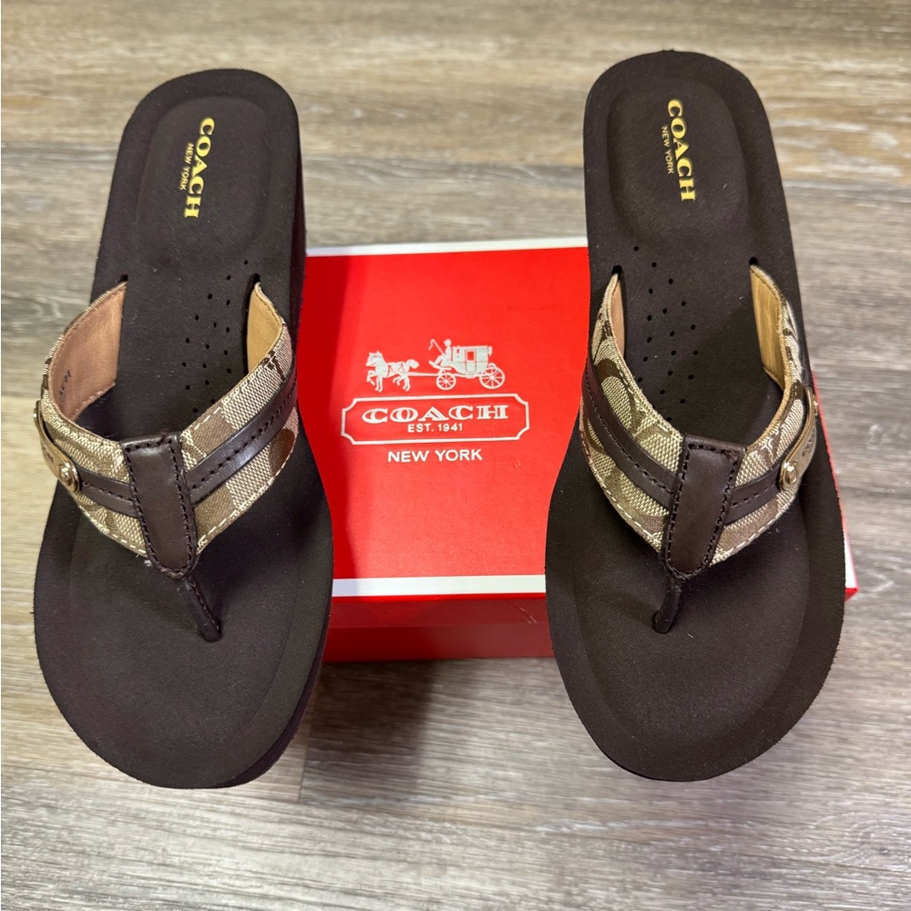 Coach Flip Flops 7, New In Box, Brown Jaden Wedge Platform Logo